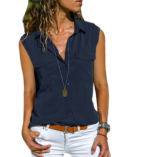 Ladies Top Lapel Solid Color Sleeveless Shirt